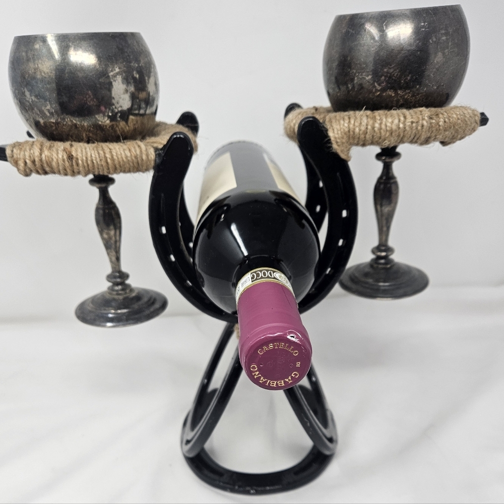 Hand Made Free Standing Horseshoe Wine And Glass Holder